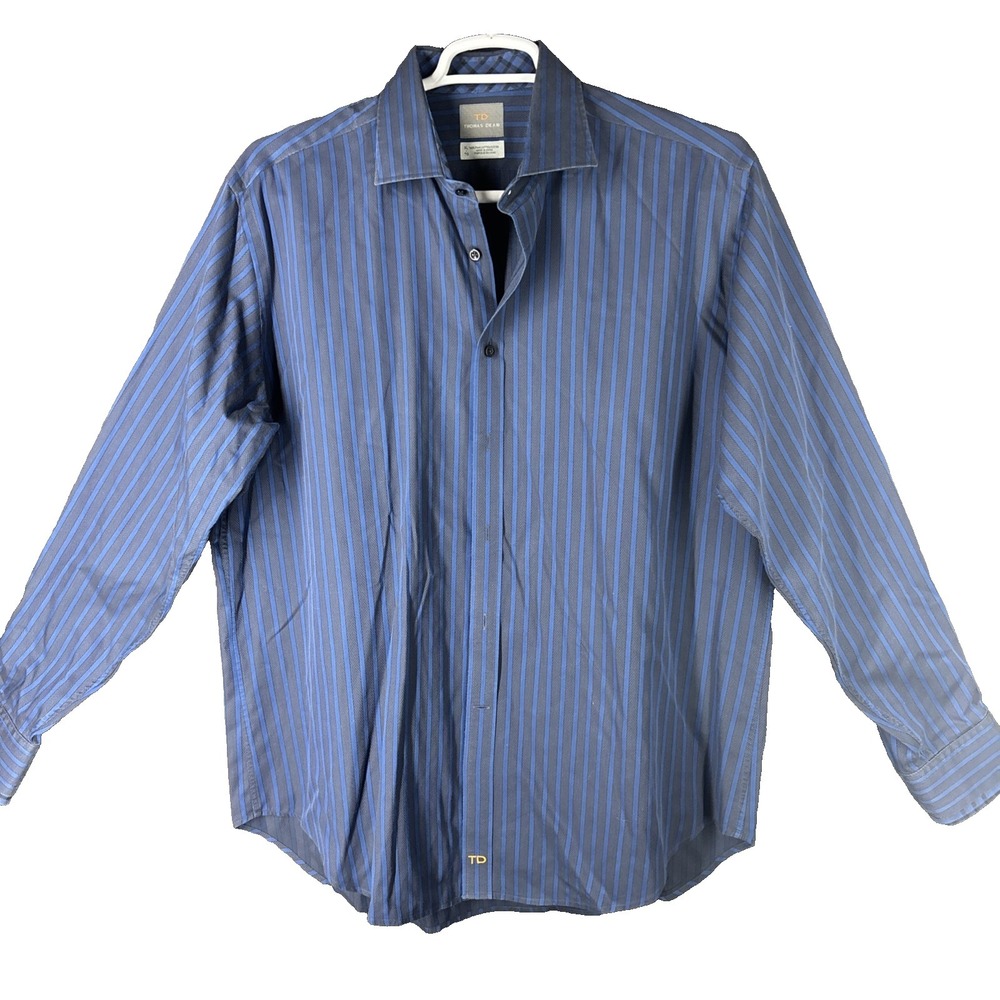 Thomas Dean Mens Button Front Long Sleeve Cotton Navy Stripe Shirt X Large XL